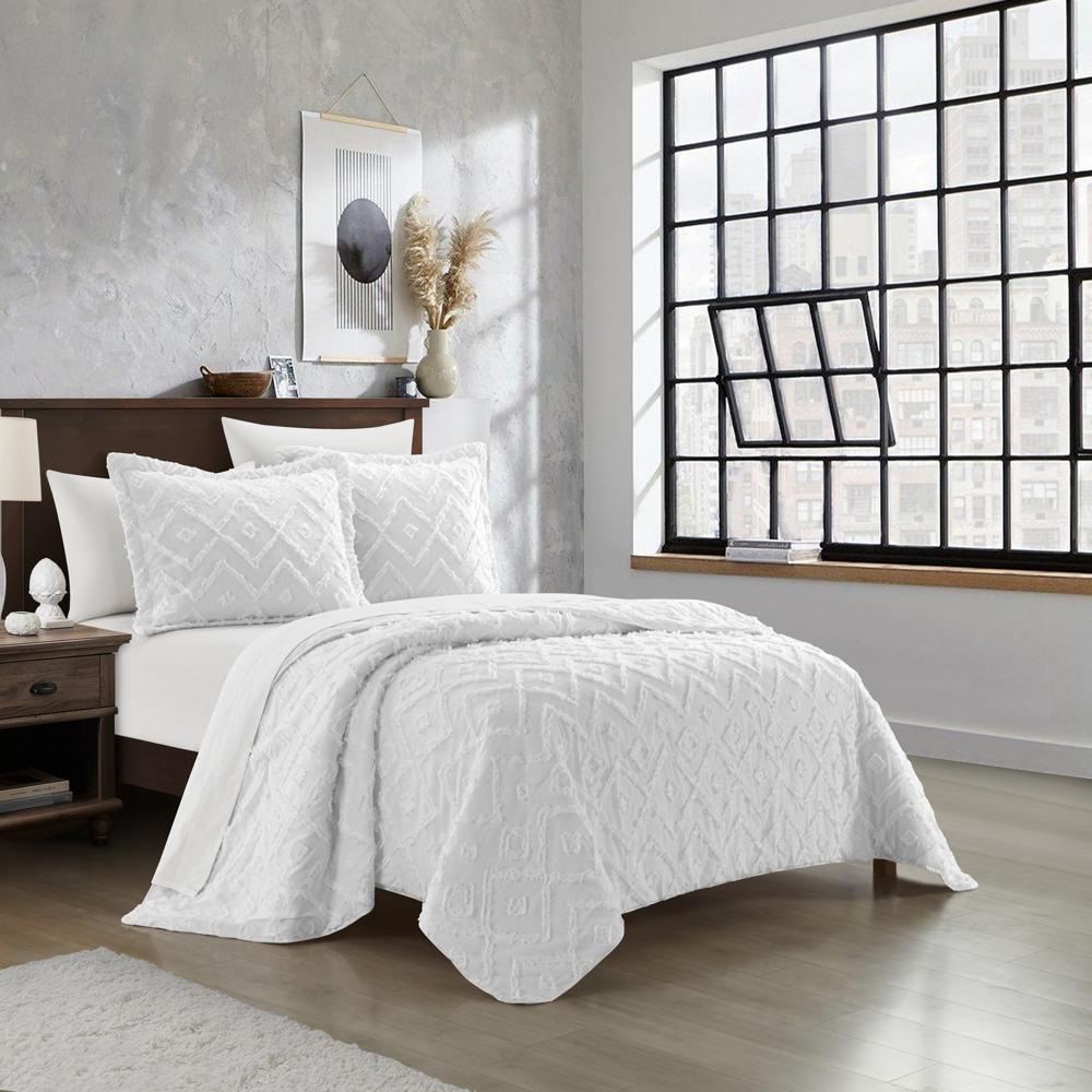 Chic Home Cody Cotton Quilt Set Clip Jacquard Geometric Pattern Bed In A Bag Bedding -Sheets Pillowcases Pillow Shams Included - 7 Piece - White