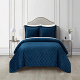 Chic Home Wafa Velvet Quilt Set Diamond Stitched Pattern Bed In A Bag Bedding - Sheets Pillowcases Pillow Shams Included - 7 Piece - Blue