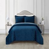 Chic Home Wafa Velvet Quilt Set Diamond Stitched Pattern Bedding - Pillow Shams Included - 3 Piece - Blue