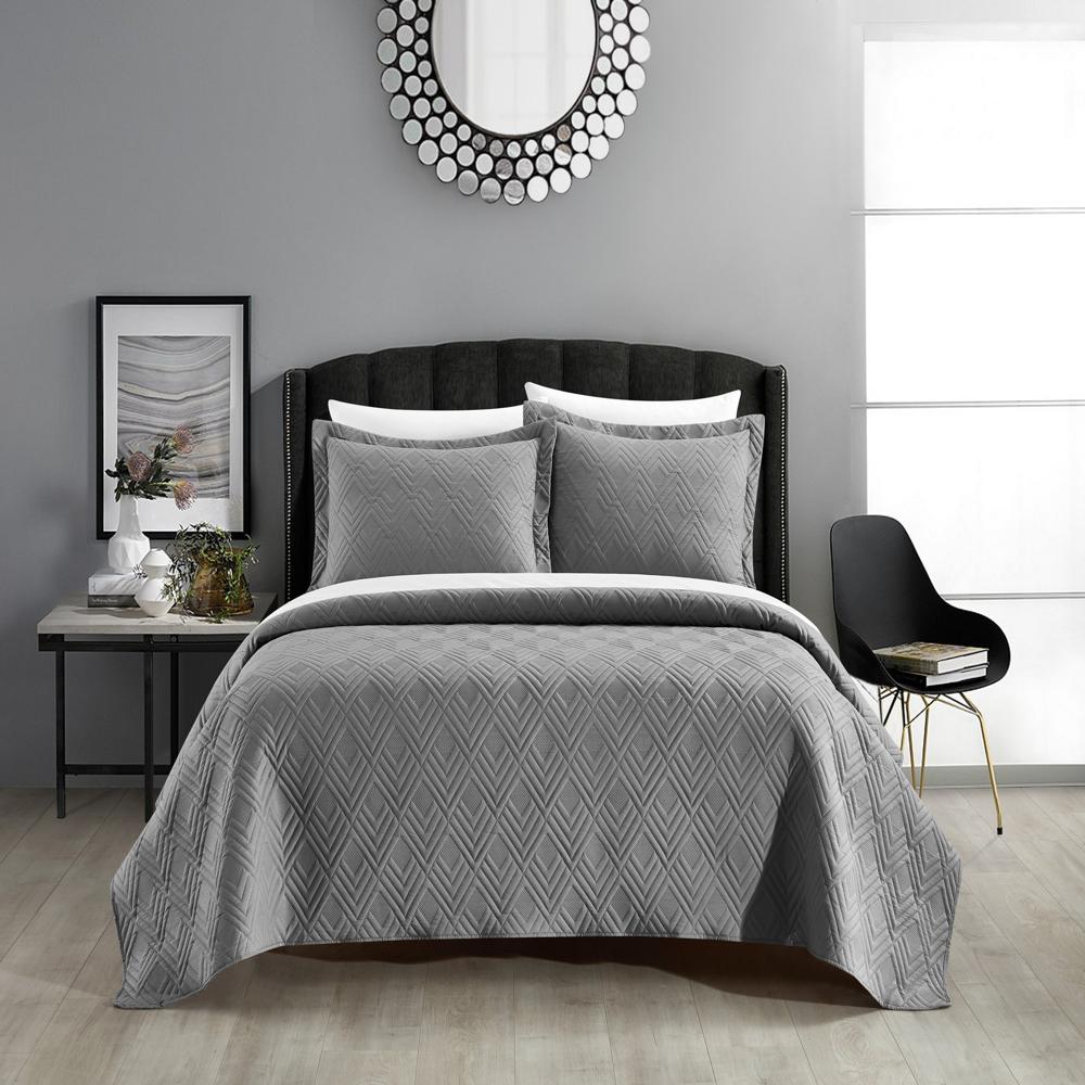 Chic Home Marling Quilt Set Contemporary Geometric Diamond Pattern Bedding - Pillow Shams Included - 3 Piece - Grey
