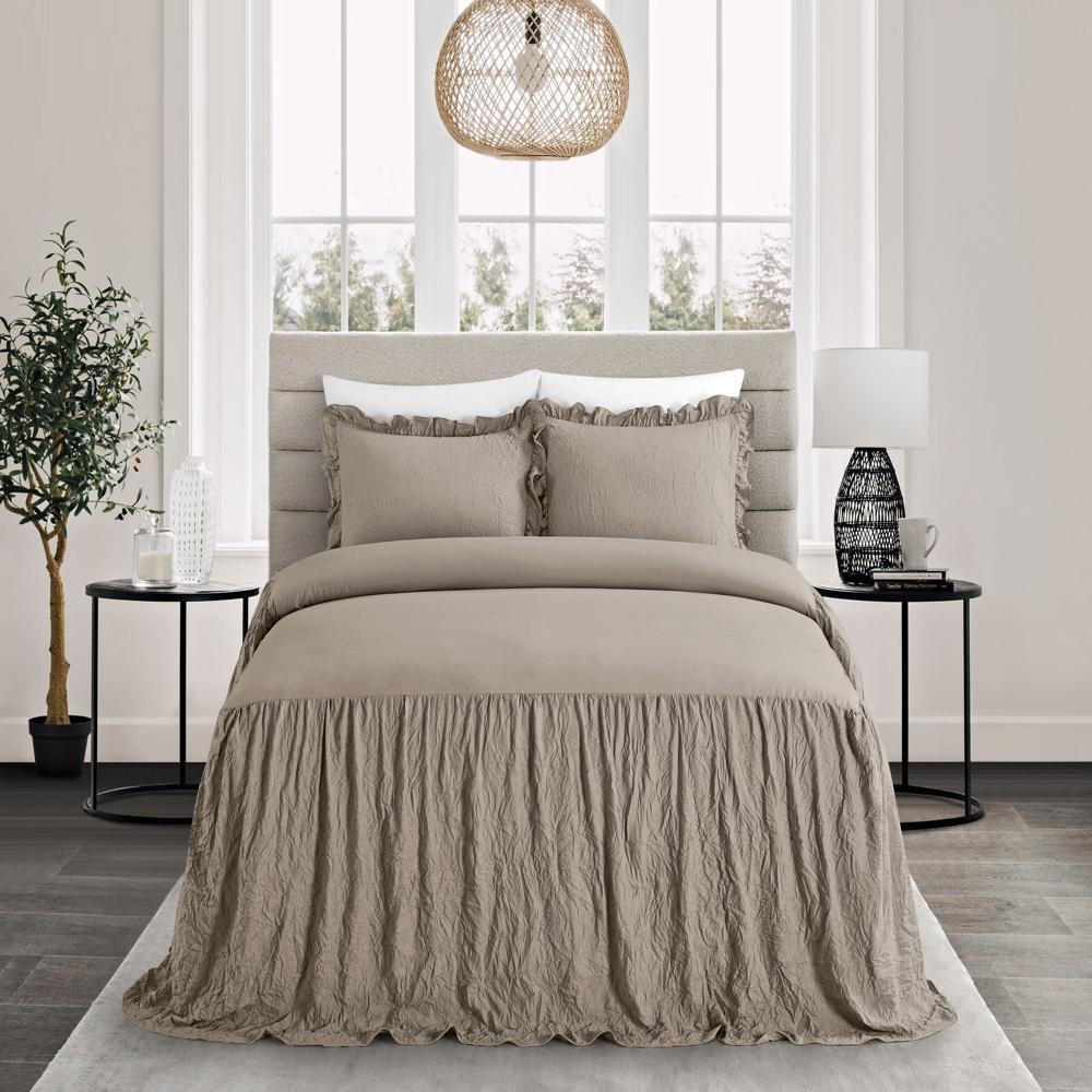 Chic Home Ashford Quilt Set Crinkle Crush Ruffled Drop Design Bed In A Bag Bedding - Sheets Pillowcases Pillow Shams Included - 7 Piece - Taupe