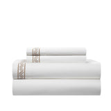 Chic Home Arden Organic Cotton Sheet Set Solid White With Dual Stripe Embroidery Zig-Zag Details - Includes 1 Flat, 1 Fitted Sheet, and 2 Pillowcases - 4 Piece - Beige