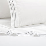 Chic Home Freya Organic Cotton Sheet Set Solid White With Dual Stripe Embroidery Zipper Stitching Details - Includes 1 Flat, 1 Fitted Sheet, and 2 Pillowcases - 4 Piece - Grey