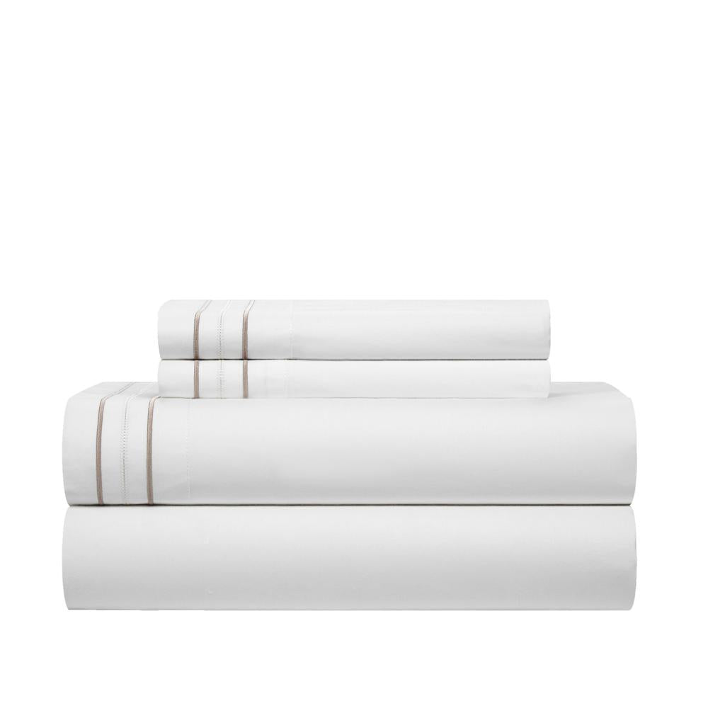 Chic Home Freya Organic Cotton Sheet Set Solid White With Dual Stripe Embroidery Zipper Stitching Details - Includes 1 Flat, 1 Fitted Sheet, and 2 Pillowcases - 4 Piece - Beige