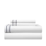 Chic Home Freya Organic Cotton Sheet Set Solid White With Dual Stripe Embroidery Zipper Stitching Details - Includes 1 Flat, 1 Fitted Sheet, and 2 Pillowcases - 4 Piece - Blue