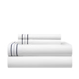 Chic Home Freya Organic Cotton Sheet Set Solid White With Dual Stripe Embroidery Zipper Stitching Details - Includes 1 Flat, 1 Fitted Sheet, and 2 Pillowcases - 4 Piece - Blue