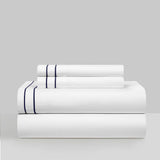 Chic Home Valencia Organic Cotton Sheet Set Solid White With Dual Stripe Embroidery - Includes 1 Flat, 1 Fitted Sheet, and 2 Pillowcases - 4 Piece - Navy