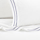 Chic Home Valencia Organic Cotton Sheet Set Solid White With Dual Stripe Embroidery - Includes 1 Flat, 1 Fitted Sheet, and 2 Pillowcases - 4 Piece - Navy