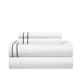 Chic Home Valencia Organic Cotton Sheet Set Solid White With Dual Stripe Embroidery - Includes 1 Flat, 1 Fitted Sheet, and 2 Pillowcases - 4 Piece - Navy