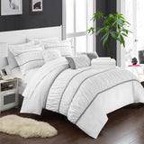 Chic Home Stieg 10 Pieces Comforter Set Complete BIB Pleated Ruched Ruffled Bedding With Sheet Set & Decorative Pillows Shams White