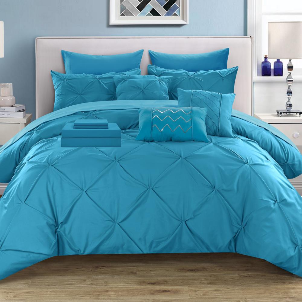 Chic Home Mycroft Pinch Pleated Ruffled Bed In A Bag Soft Microfiber Sheets 10 Pieces Comforter Decorative Pillows & Shams Turquoise