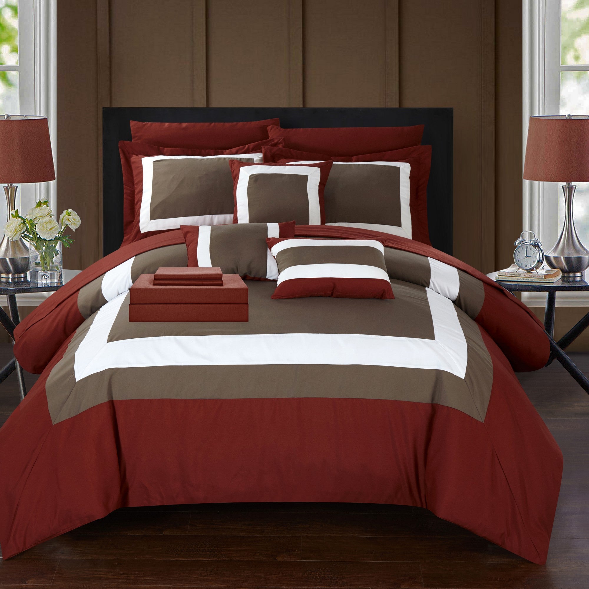 Chic Home Elegant Beaudine 10 Pieces Comforter Bed In A Bag Sheets Decorative Pillows & Shams Brick Red