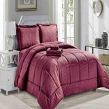 Embossed 8-Pieces Stripe High-Quality Microplush Comforter Set Burgundy by Plazatex