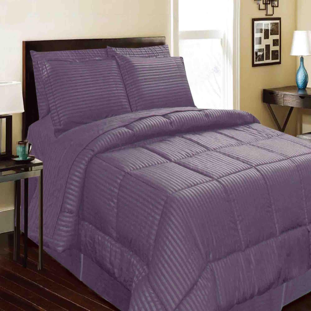 Embossed 8-Pieces Strip High-Quality Microplush Comforter Set Plum by Plazatex