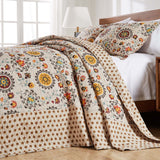 Greenland Home Fashions Andorra Cotton Kantha Quilted Bedspread Set - Jumbo Sized Reversible Quilt Set Floral Printed Taupe