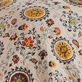 Greenland Home Fashions Andorra Cotton Kantha Quilted Bedspread Set - Jumbo Sized Reversible Quilt Set Floral Printed Taupe