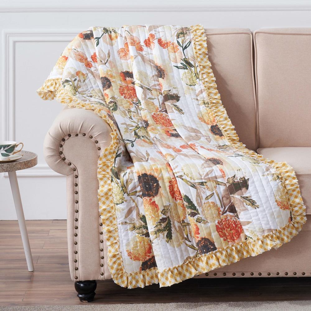 Greenland Home Somerset Quilted Reversible Throw Blanket with Ruffles, 60x50-inch, Gold