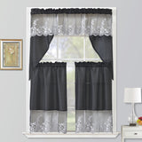 RT Designers Collection Polyester Bethany Embroidered 3 Piece Kitchen Curtains Tier & Swag Set 60" x 36" Black
