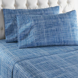 Shavel 100% Polyester Luxury Micro Flannel Printed Deep-Pocket Crosshatch Sheet With Pillowcase Set Blue