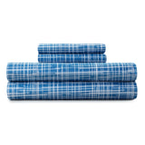 Shavel 100% Polyester Luxury Micro Flannel Printed Deep-Pocket Crosshatch Sheet With Pillowcase Set Blue