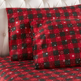 Shavel 100% Polyester Luxury Micro Flannel Printed Deep-Pocket Buffalo Check Snowflakes Sheet With Pillowcase Set Red