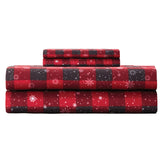 Shavel 100% Polyester Luxury Micro Flannel Printed Deep-Pocket Buffalo Check Snowflakes Sheet With Pillowcase Set Red