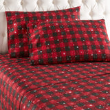 Shavel 100% Polyester Luxury Micro Flannel Printed Deep-Pocket Buffalo Check Snowflakes Sheet With Pillowcase Set Red