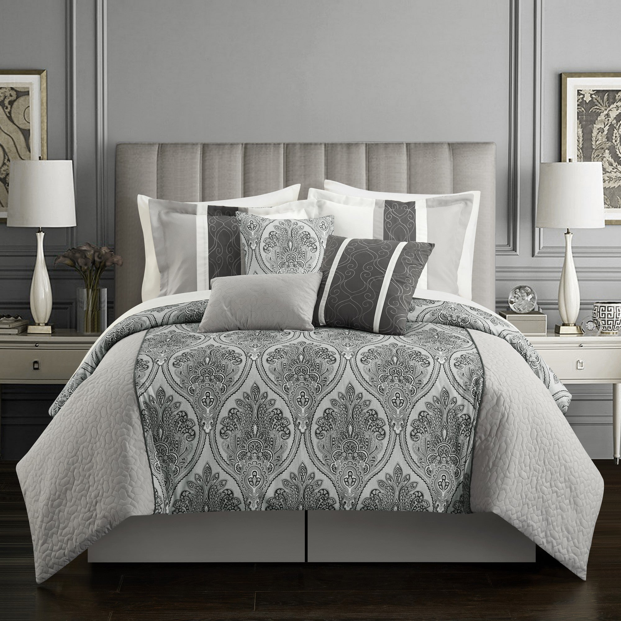 Chic Home Phantogram 11 Piece Comforter Set Reversible Two-Tone Damask Pattern Geometric Quilting Bed in a Bag - Sheets Pillowcases Bed Skirt Decorative Pillows Shams Included - Grey